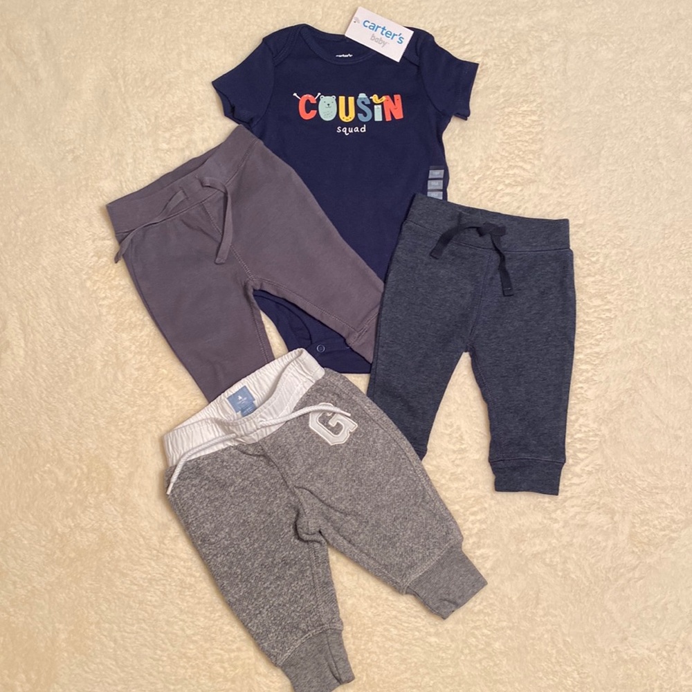 Baby Gap Grey 3-6Mon Bottoms, 2 Soft Old Navy grey & Blue Pants, Carters Onesie